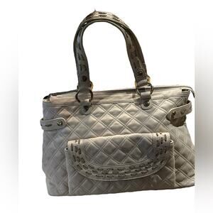 Kate Landry Ivory Leather Quilted Handbag with Gold Chain Trim